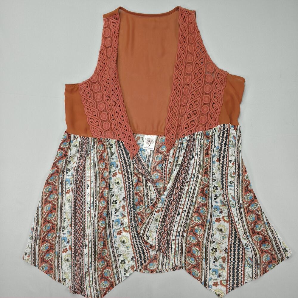 Self Esteem XL Bohemian Vest Crochet Trim Floral Print Open Front Hippie Fairy